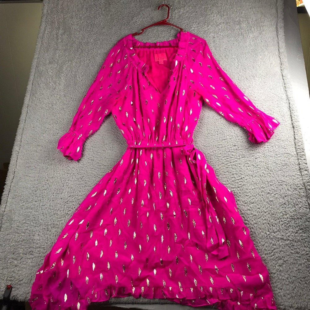 Lilly Pulitzer Alyanna Silk Midi Dress sz M Pink Gold Motif Ruffle Belted *FLAW